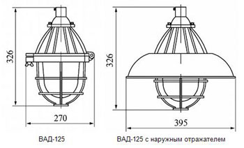 Габаритные размеры светильников серии ВАД, мм: